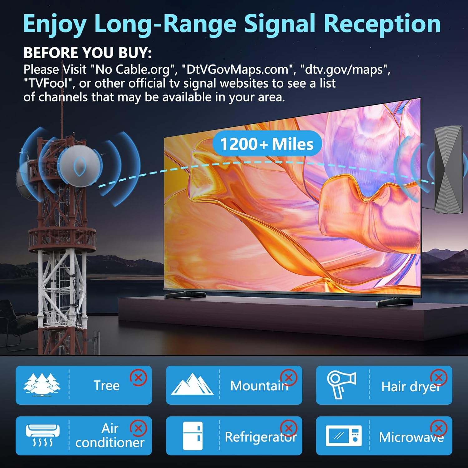 2025 TV Antenna,1200+ Miles Long Range TV Antenna, HD Digital TV Antenna Indoor with Signal Booster, Antenna for Smart TV and All Older TV's-Supports 4K 1080p -33ft Long Cables - Image 5