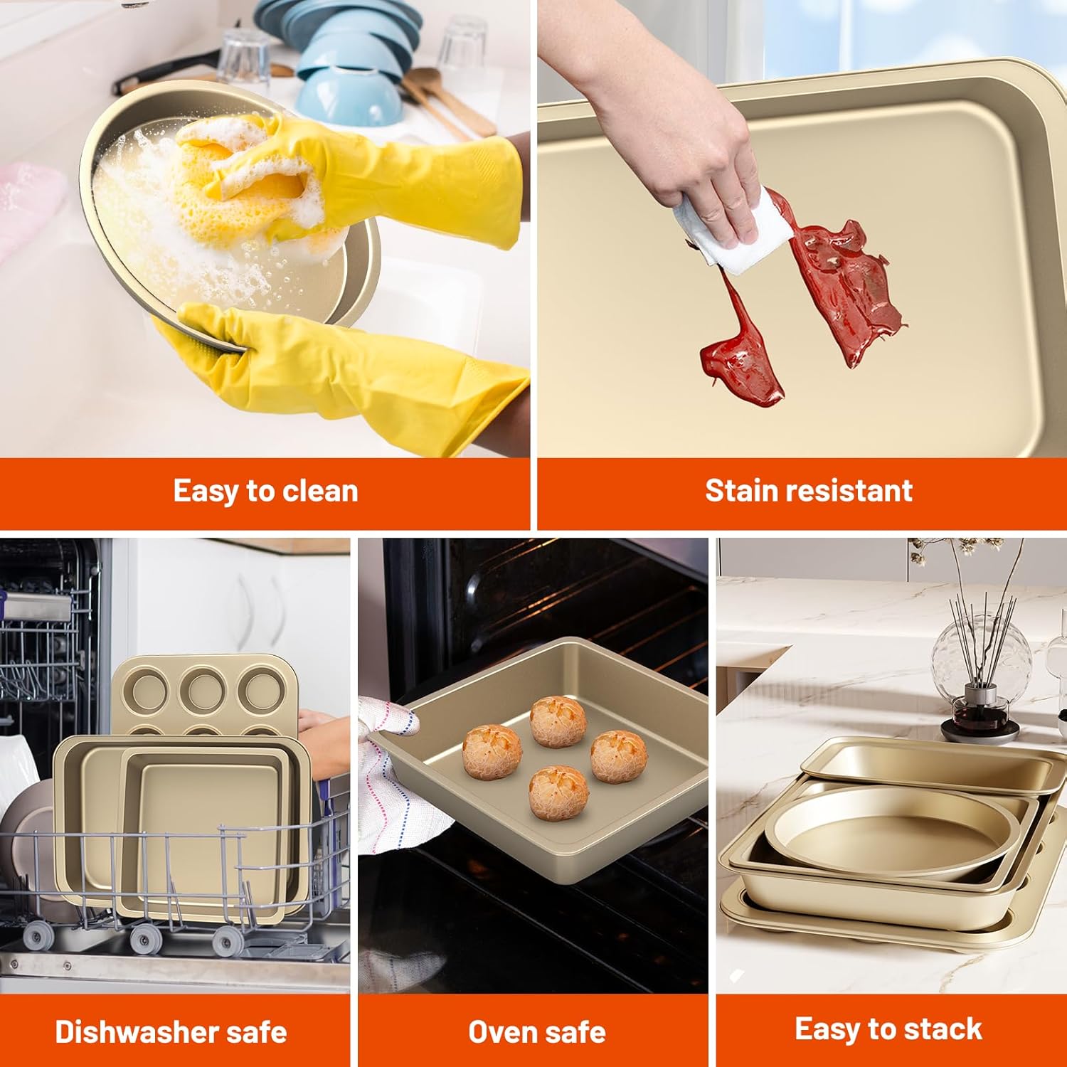 Baking Pans Set, 5-Piece Nonstick Bakeware Sets with Round/Square Cake Pan, Muffin Loaf Roast Pan, Baking Sheets for Oven, Kitchen Cookware Sets Baking Tray Baking Supplies, Gold - Image 5