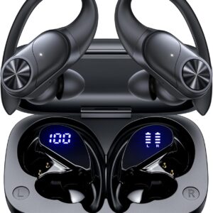 PocBuds Bluetooth Headphones Wireless Earbuds 80hrs Playtime Wireless Charging Case Digital Display Sports Ear Buds with Earhook Deep Bass IPX7 Waterproof Over-Ear Earphones for TV Phone Laptop Black