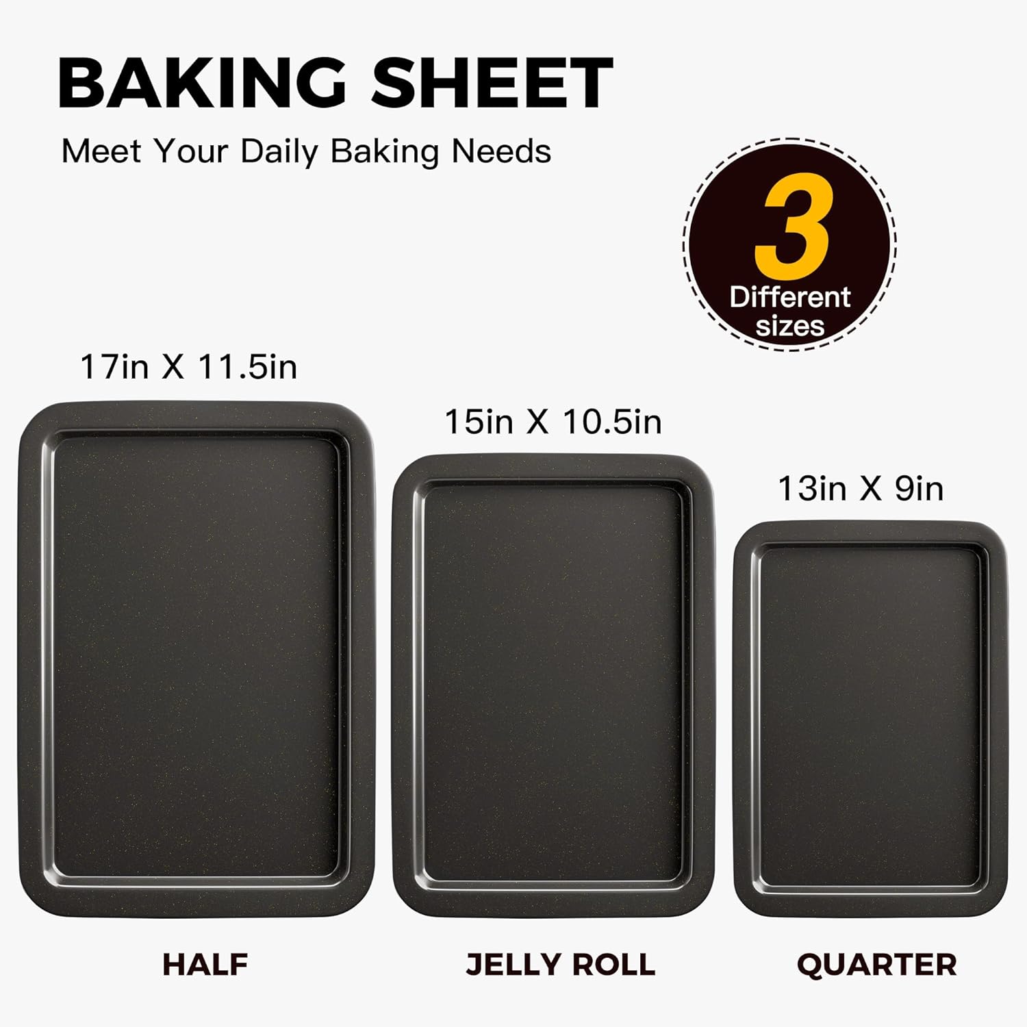 HONGBAKE Ceramic Baking Sheet Pan Set, Cookie Sheet for Oven, Bakeware Sets with Wider Grips, 3 Pack Half/Jelly Roll/Quarter Baking Tray, Premium, Dishwasher Safe - Dark Grey - Image 3