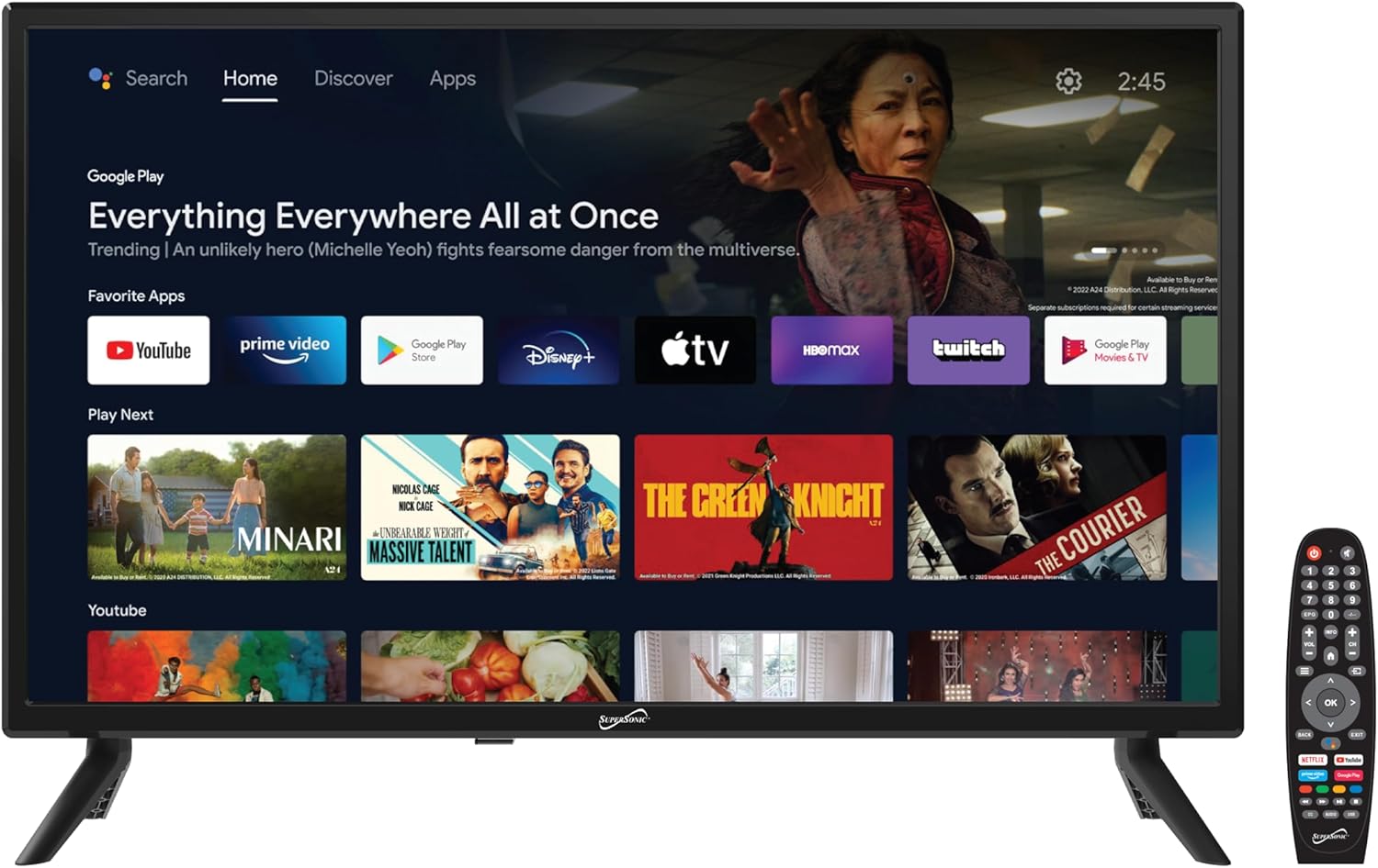 Supersonic SC-2450GTV-A 24-inch DLED Smart HDTV with Google Assistant, ATSC & NTSC System, HDMI USB Input, WiFi, 1080p Resolution, 16.7M Colors,60Hz Refresh Rate, Bluetooth, AC/DC Compatible