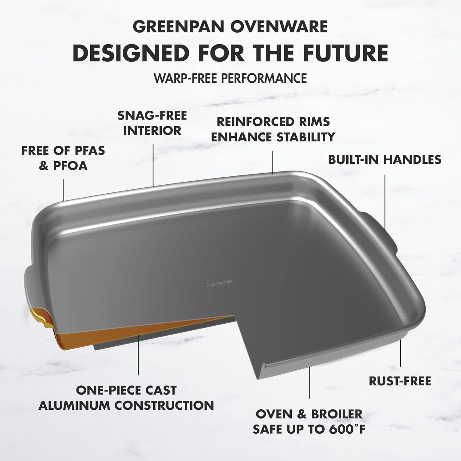 GreenPan Premiere Ovenware Healthy Ceramic Nonstick 4 Piece Bakeware Set, PFAS-Free, Rectangular, Square, Quarter, Half Sheet Baking Pans, Warp-Free, Oven Safe to 600F, Dishwasher Safe, Gray - Image 4