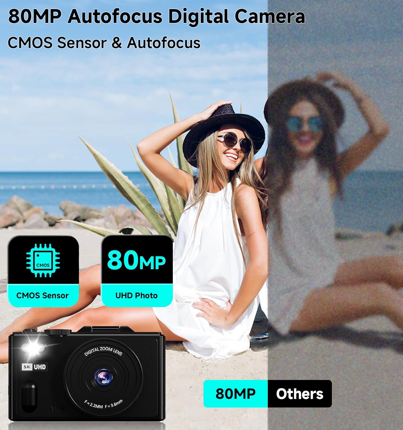 Digital Camera, 5K Travel Camera 80MP Cameras for Photography Vlogging Camera for YouTube with 3" 180° Flip Screen with 18X Zoom Autofocus Compact Video Camera with 64GB SD Card for Teens Beginner - Image 2