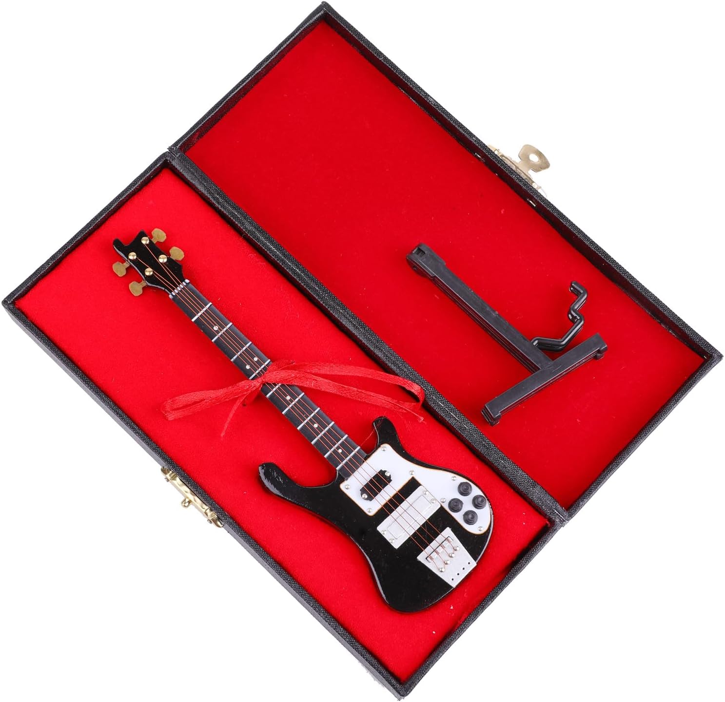 Wooden Miniature Electric Bass Guitar with Stand and Case Mini Musical Instrument Electric Bass Guitar Replica Collectible Figurines Model Home Decoration Birthday Gifts (6.31"x1.89"x0.28") - Image 2
