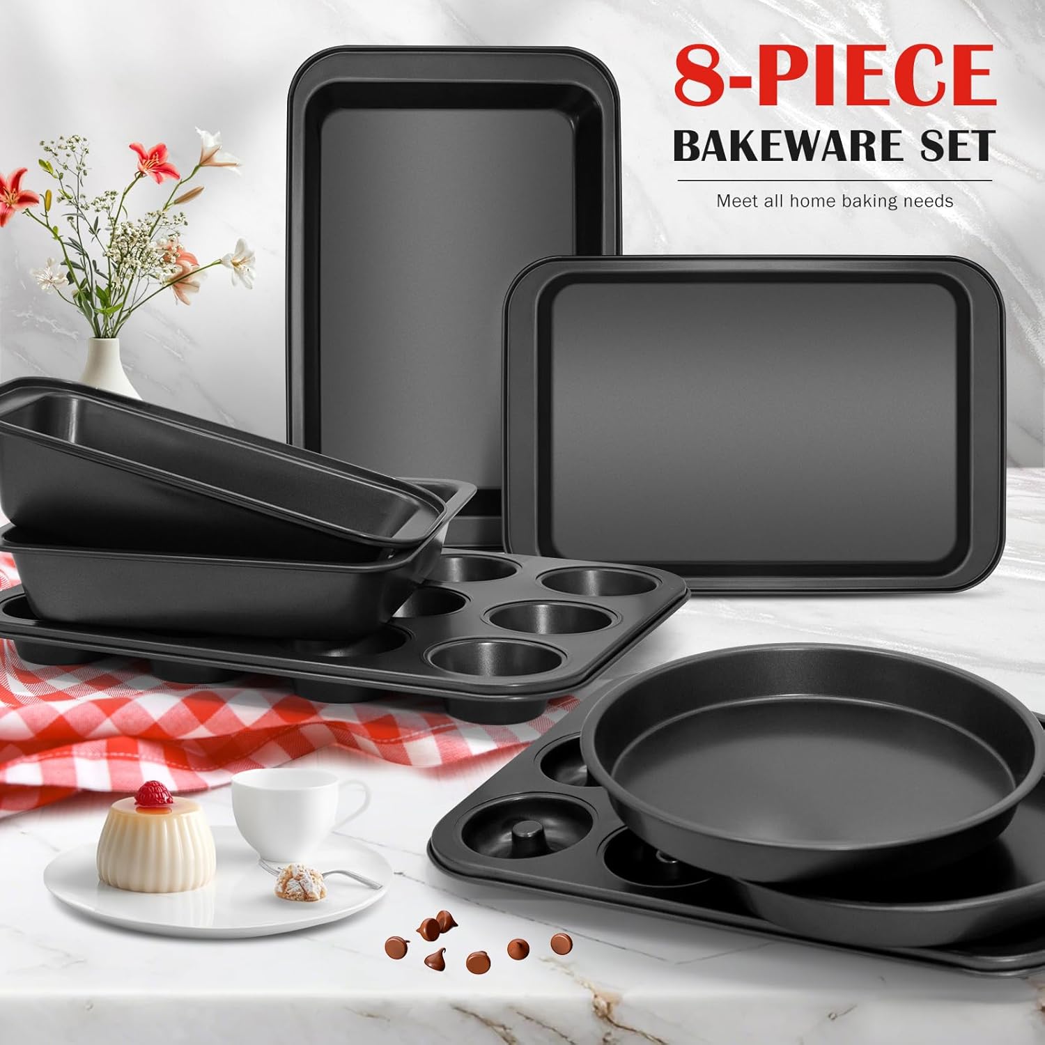 Bakeware Sets, Nonstick Baking Pans Set 8 Piece Including Donut Pan,2 Round Cake Pan, Square Cake Pan, Loaf Pan, Muffin Pan, Cookie Sheet, Roast Pan, Carbon Steel Bake Set (black) - Image 2