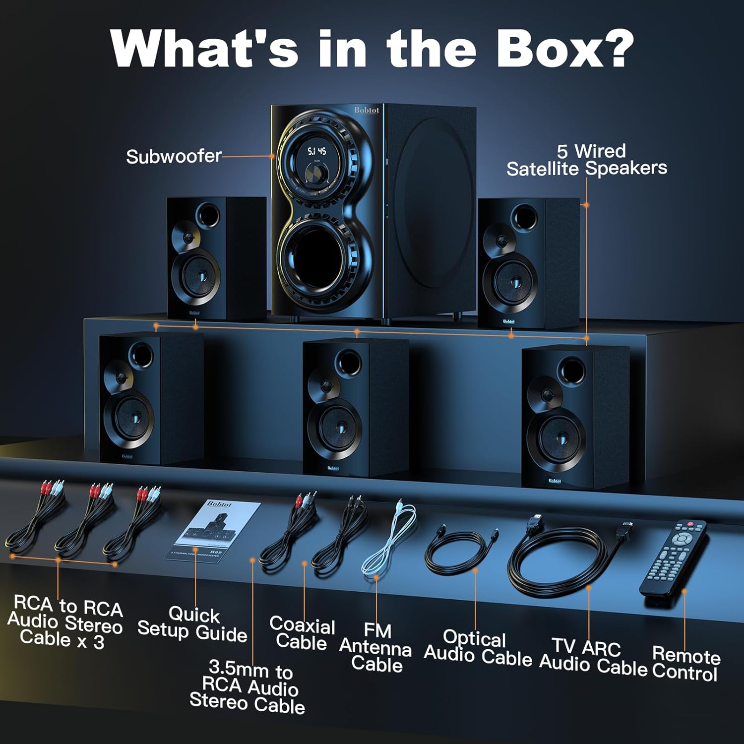 Home Theater Sound System 5.1 Surround Sound Systems - 1400 Watts Peak Power 12" Subwoofer Strong Bass 5.1 Wired Home Audio Stereo Sound with Bluetooth HDMI ARC Optical Input for TV - Image 6