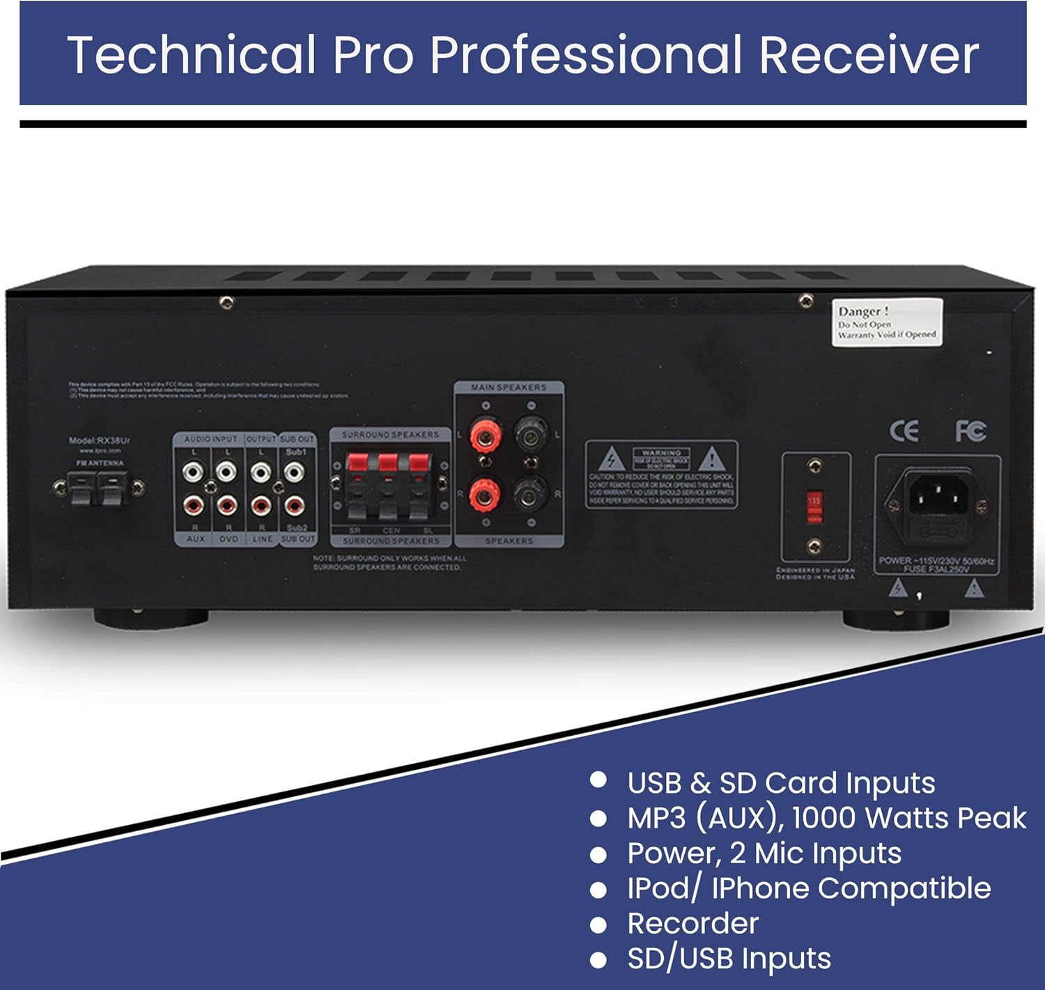 Technical Pro 1000 Watts Professional Home Theater Receiver System Kit w Portable Microphone with Digital Processing and Remote 6 Qty of 5.25” Ceiling Wall Mount Framed Speakers - Image 4