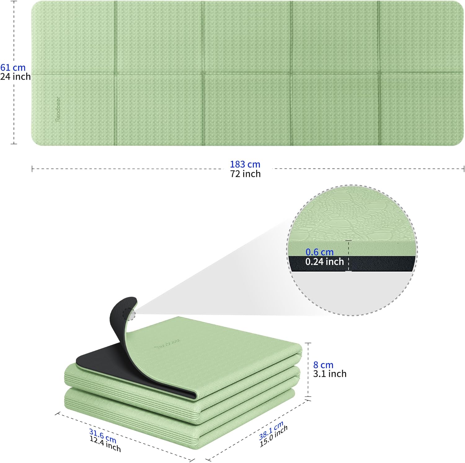 Readaeer Foldable Yoga Mat for Travel Folding Yoga Mat 6mm Thick with Carrying Bag, Non-Slip TPE Exercise Pilates Mat for 72" L x 24" W x 0.24 Inch - Image 3