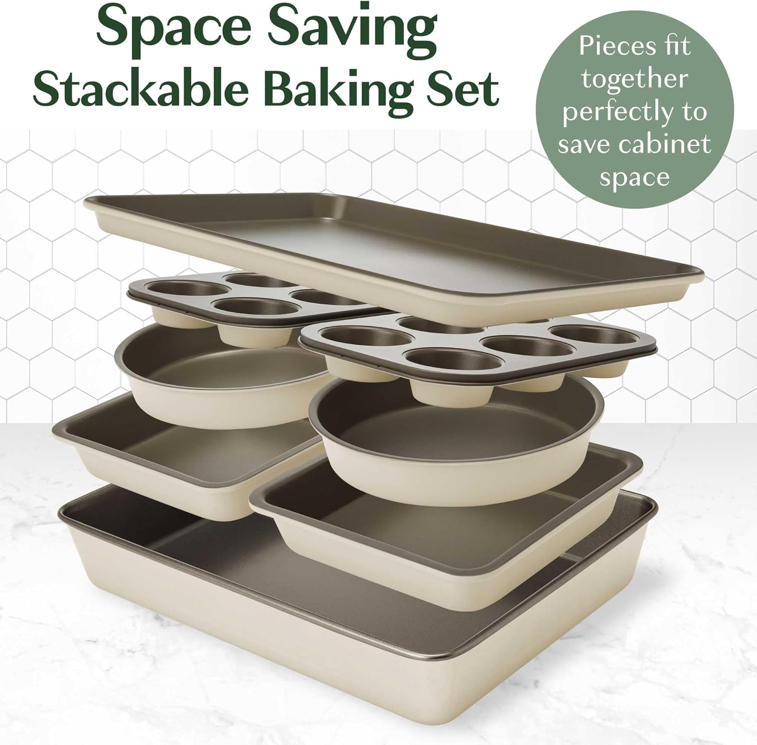 Goodful All-In-One Nonstick Bakeware Set, Stackable and Space Saving Design includes Round and Square Pans, Muffin Pans, Cookie Sheet and Roaster, Dishwasher Safe, 8-Piece, Linen - Image 2