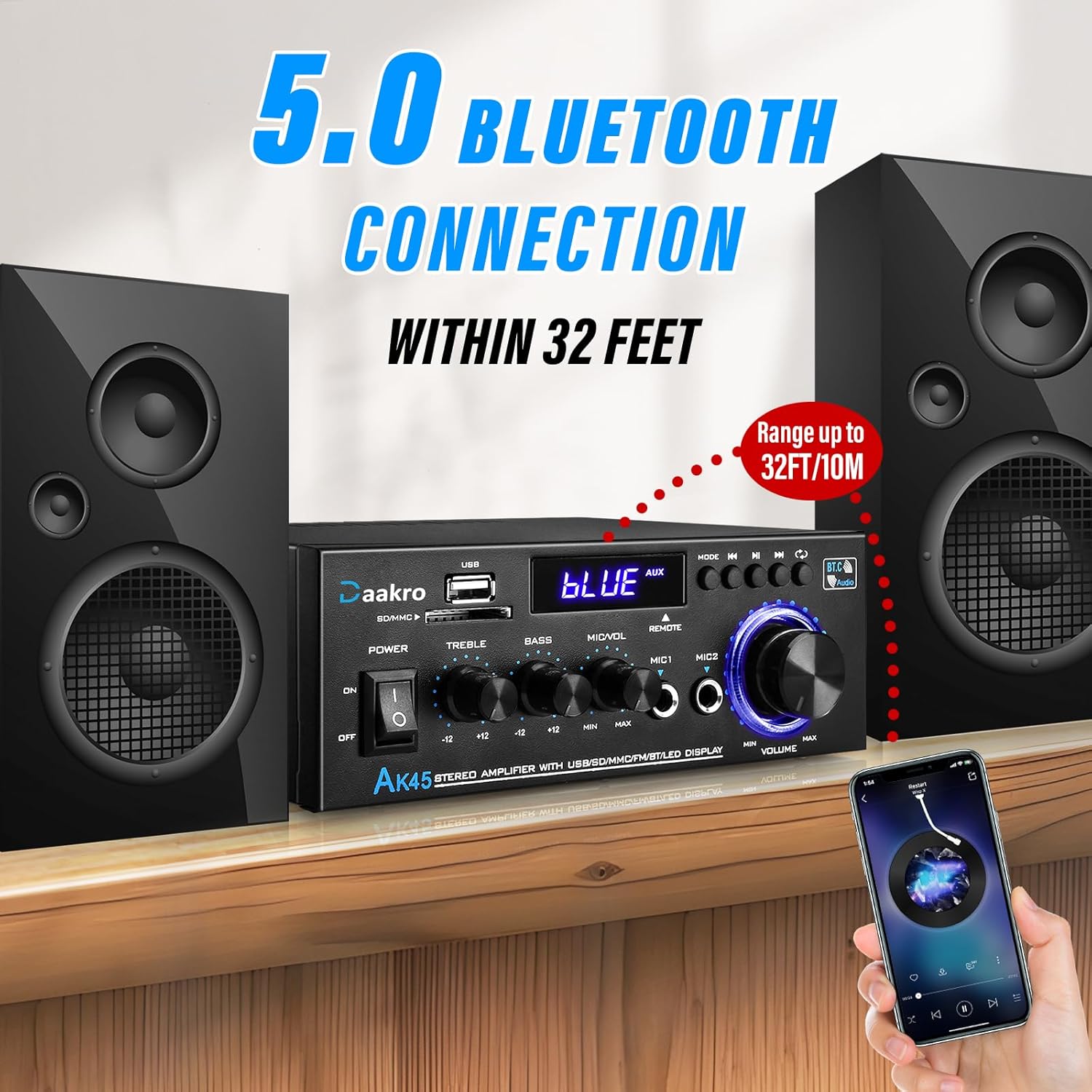 AK45 Stereo Audio Amplifier,300W Home 2 Channel Wireless Bluetooth 5.0 Power Amplifier System, Home Amplifiers FM Radio, USB, SD Card, with Remote Control Home Theater Audio Stereo System - Image 4