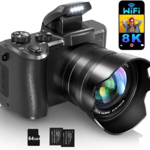 8K Digital Cameras for Photography Autofocus, WiFi 88MP Vlogging Camera with Dual-Lens, Flash, 16X Digital Zoom, Touch Screen, Travel Camera Anti-Shake with Lens Hood, 64GB Card,2 Batteries
