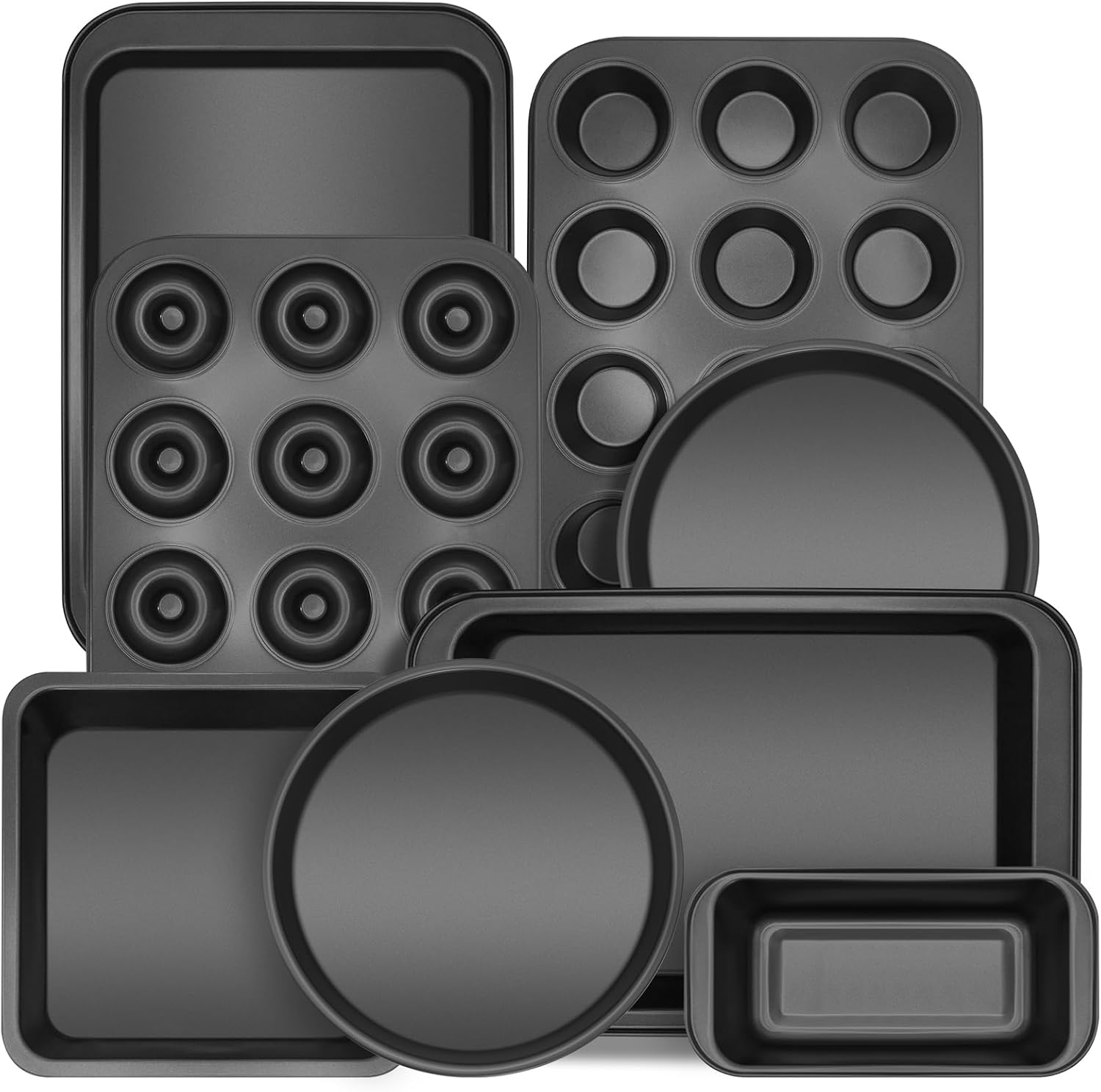 Bakeware Sets, Nonstick Baking Pans Set 8 Piece Including Donut Pan,2 Round Cake Pan, Square Cake Pan, Loaf Pan, Muffin Pan, Cookie Sheet, Roast Pan, Carbon Steel Bake Set (black)