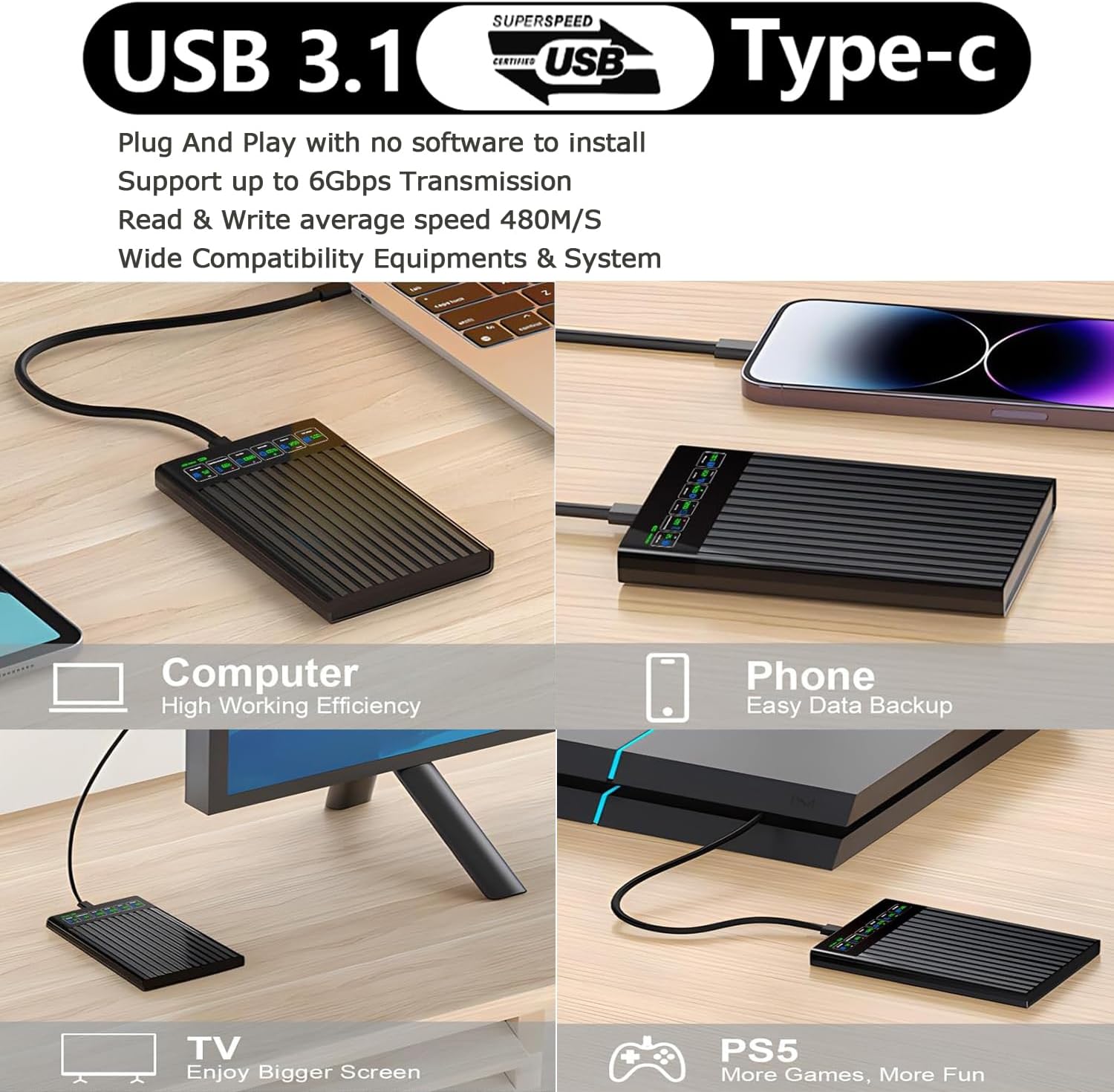 2.5'' 1TB Portable External Hard Drive with LCD Display HD Screen USB3.1/3.2 Type C HDD Storage for PC, Desktop, Laptop, Mac OS, Xbox One, PS4, PS5 - Image 2