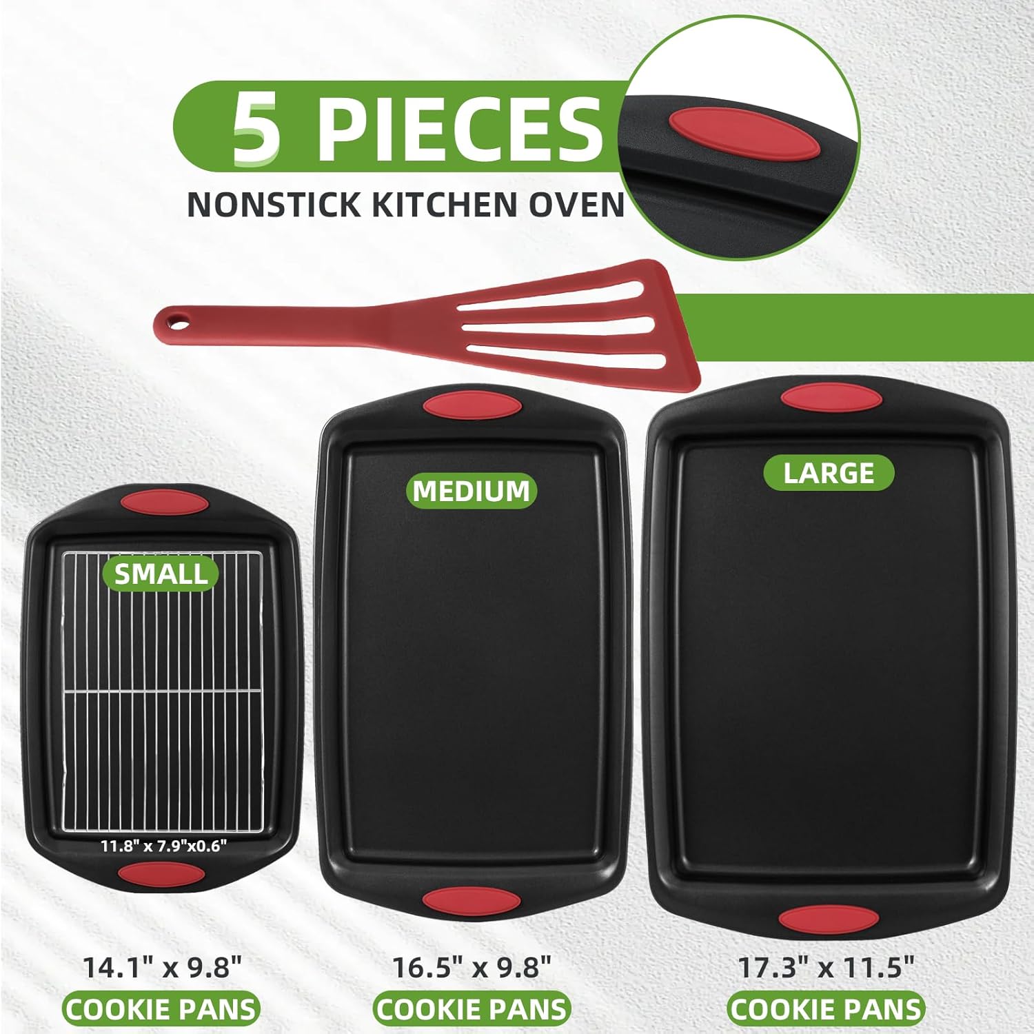 5-Piece Nonstick Baking Pans Set - Premium Carbon Steel Bakeware with PFOA/PFOS/PTFE-Free Coating, Red Silicone Handles (Black Red) - Image 2