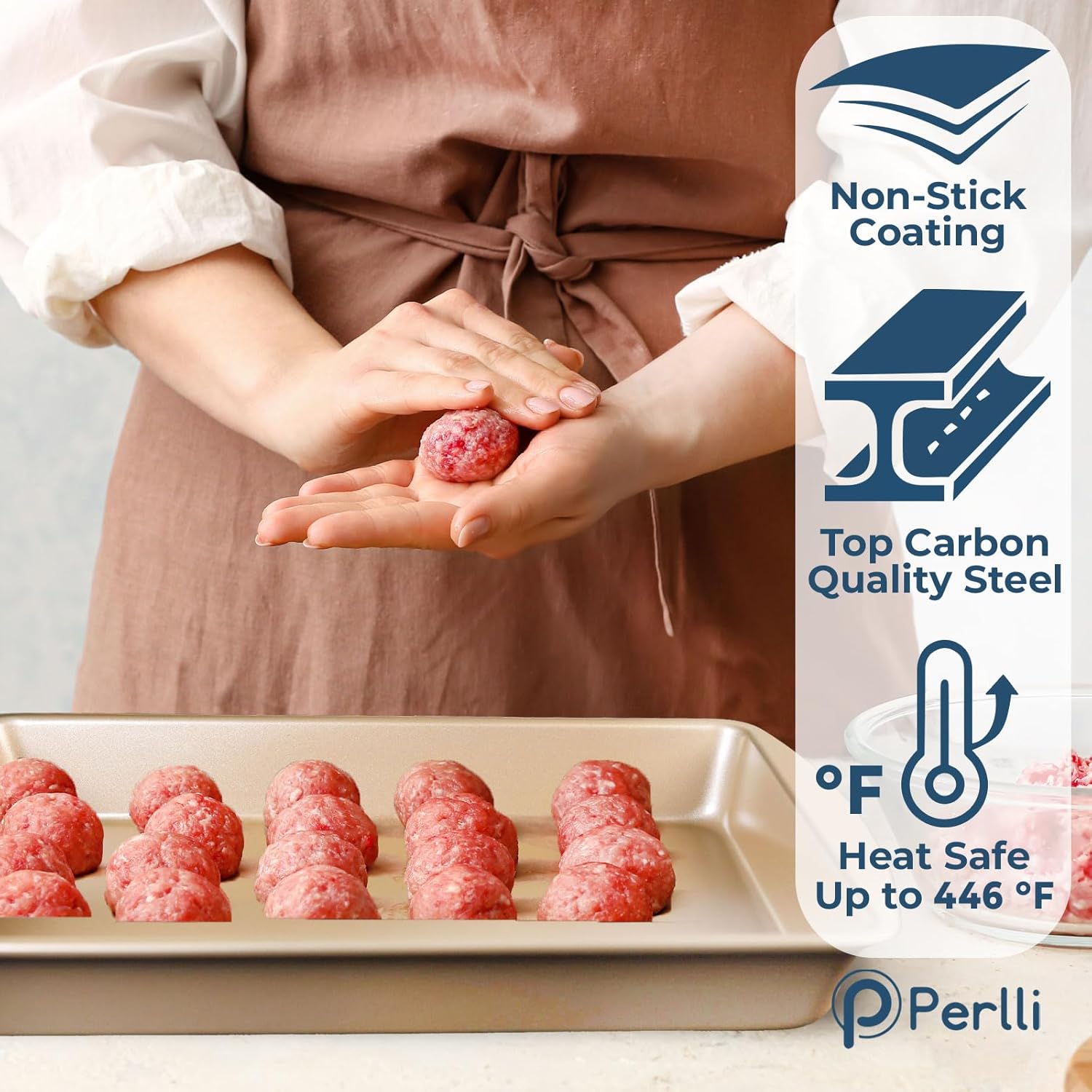 Perlli Baking Kit: Nonstick Gold Steel Oven Set - 10 Pieces, Cookie Sheets, Cake Pans, 9x13Pan with Lid, Loaf & Deep Pans, Pizza Crisper, Muffin Pan - Silicone Handles - Image 4