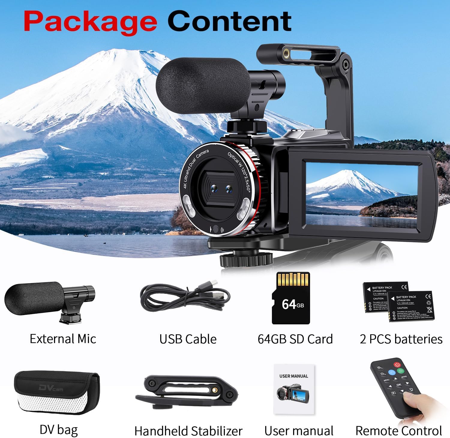 4K Video Camera Camcorder, 64MP UHD Vlogging Dual Camera for YouTube, 21X Digital Zoom IPS Screen Vlog Camera with External Microphone, Stabilizer, Remote, 2 Batteries, Remote, Memory Card - Image 7