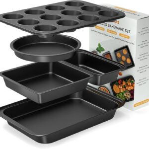 5 Pieces Baking Pans Set, Nonstick Baking Sheet Tray Oven Pans Bakeware Set, Baking Supplies with Round/Square Cake Pan, Muffin Pan, Loaf Pan, Roast Pan, Stackable Baking Sets for Cooking