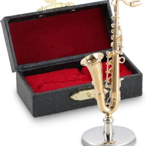 EASTROCK Miniature Saxophone Model, 2.6inches Mini Tenor Saxophone Model with Stand and Case,Mini Musical Instrument Ornament Dollhouse Home Decoration