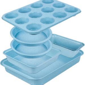Baking Pans Set Non Stick, Bakeware Sets Stackable, Oven Safe, Steel Baking Set Supplies for Home Baking, Roasting, Easy to Release, Sturdy Bake Gifts for Holiday, Blue, 6 Pieces