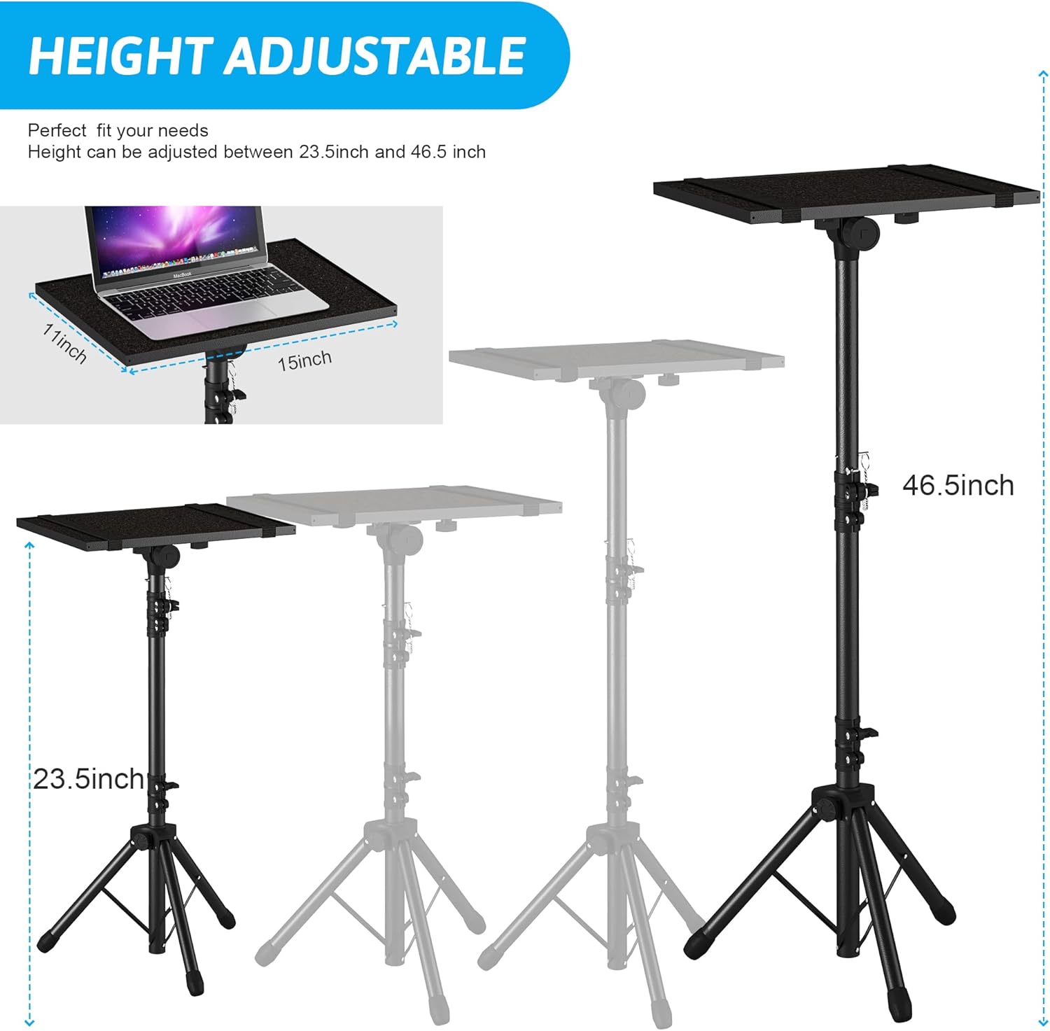 Projector Stand Tripod from 23" to 46", Laptop Tripod Stand Height Adjustable with Gooseneck Phone Holder, Laptop Floor Stand for Office, Home, Stage, Studio, DJ Racks Holder Mount - Image 4