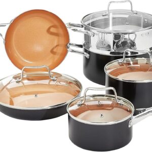 Amazon Basics Ceramic Nonstick Pots and Pans Cookware Set, Dishwasher & Oven Safe, Even Heating, 10-Piece Set, Copper Color