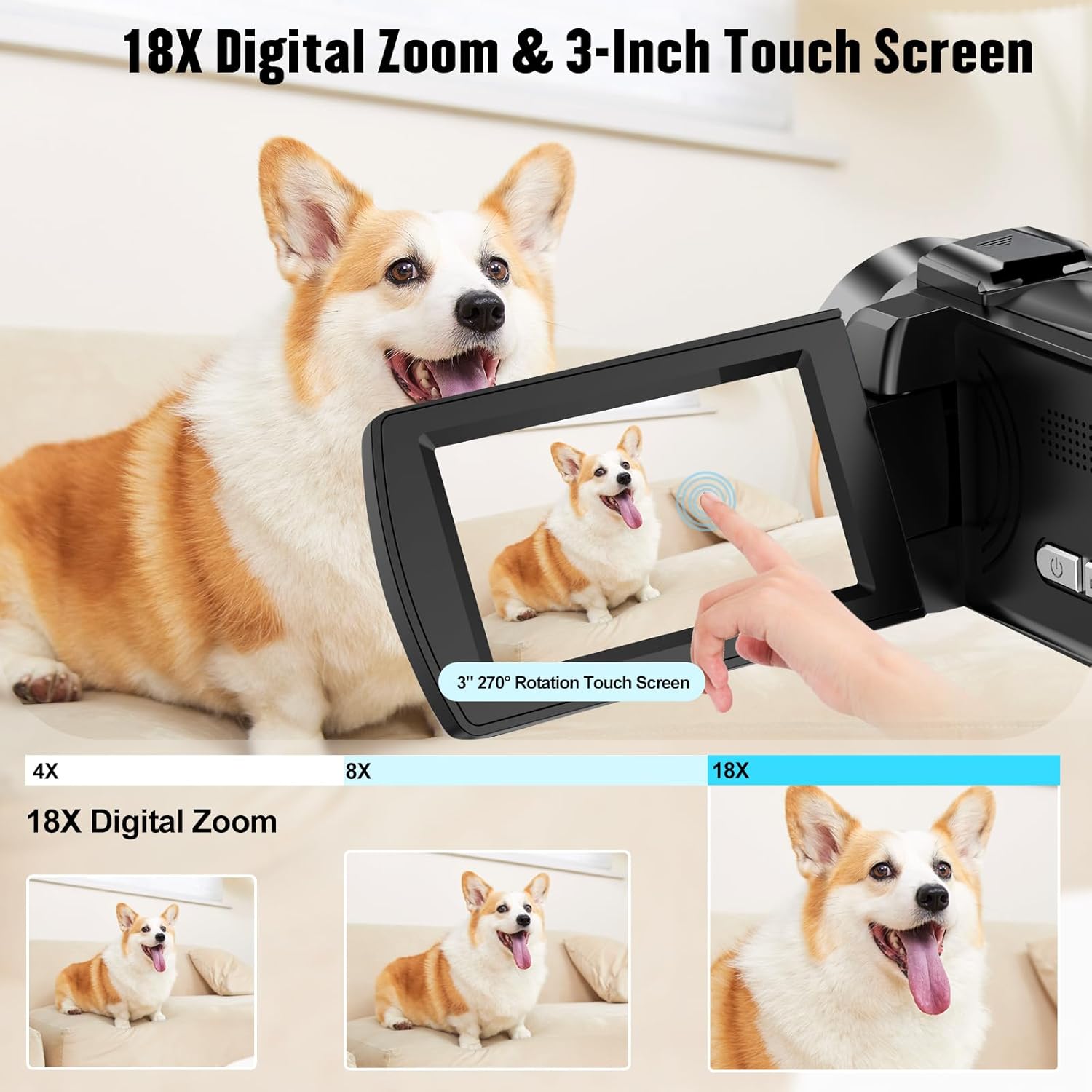 Camcorder Video Camera 4K HD 48MP Vlogging Camera for YouTube 3.0" Touch Screen Camcorder, 18X Digital Zoom Camera Recorder with Microphone, Stabilizer, Lens Hood, Remote and 2 Batteries - Image 3