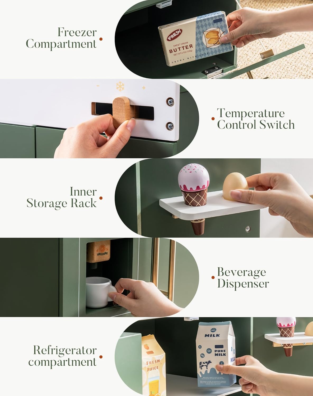 ROBOTIME Wooden Toy Fridge - Play Kitchen Set with Accessories, Kitchen Playset Interactive Refrigerator for Pretend Play Fridge for Kids, Toddler Kitchen Appliance (Vintage Green) - Image 3