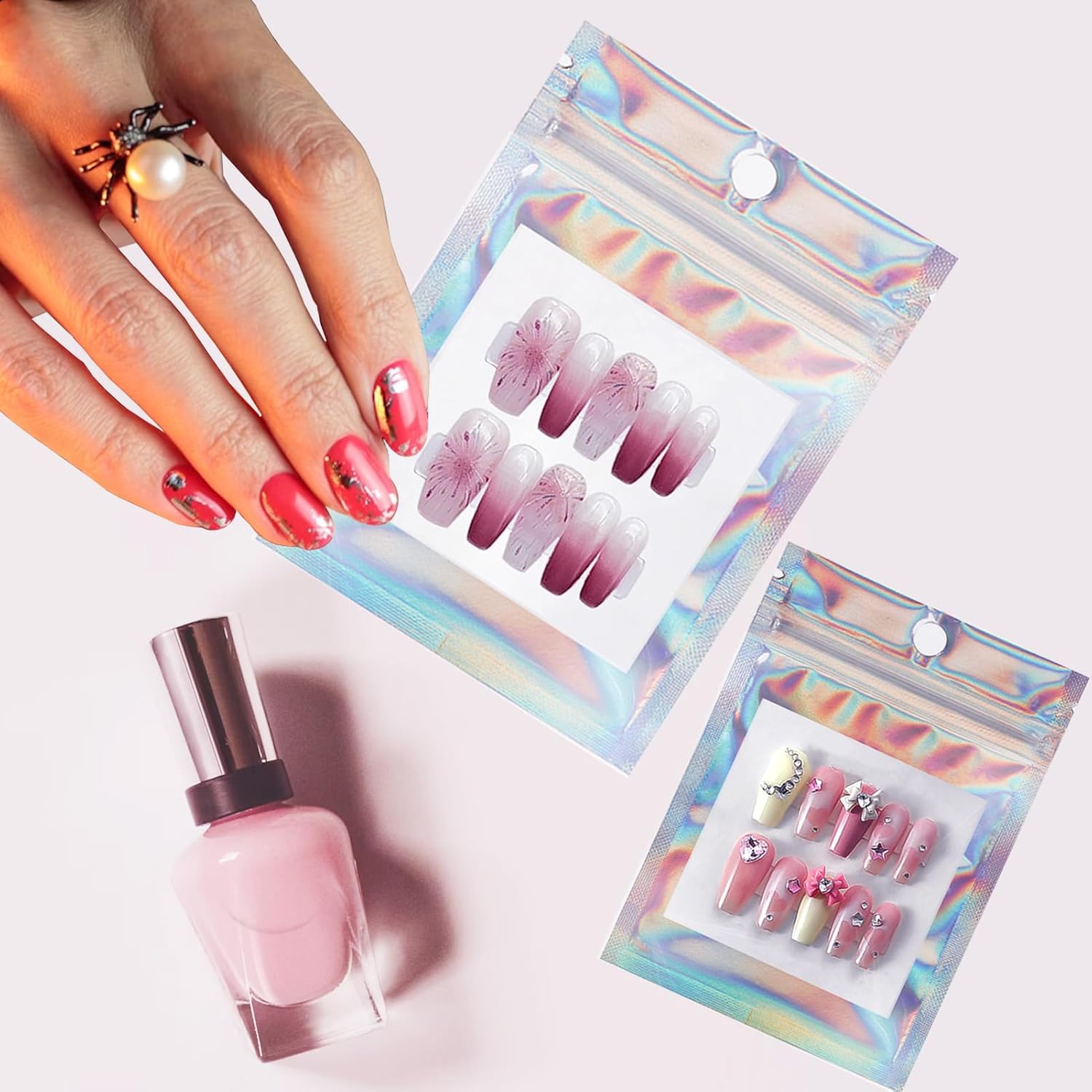 100 PCS Press on Nail Packaging Bag for False Nail Tips Holographic Press On Nail Storage Bag 100 PCS White Card with 2 Roll Transparent Tape for Nail Display Fake Nail Storage Organizer Nail Supplies - Image 4