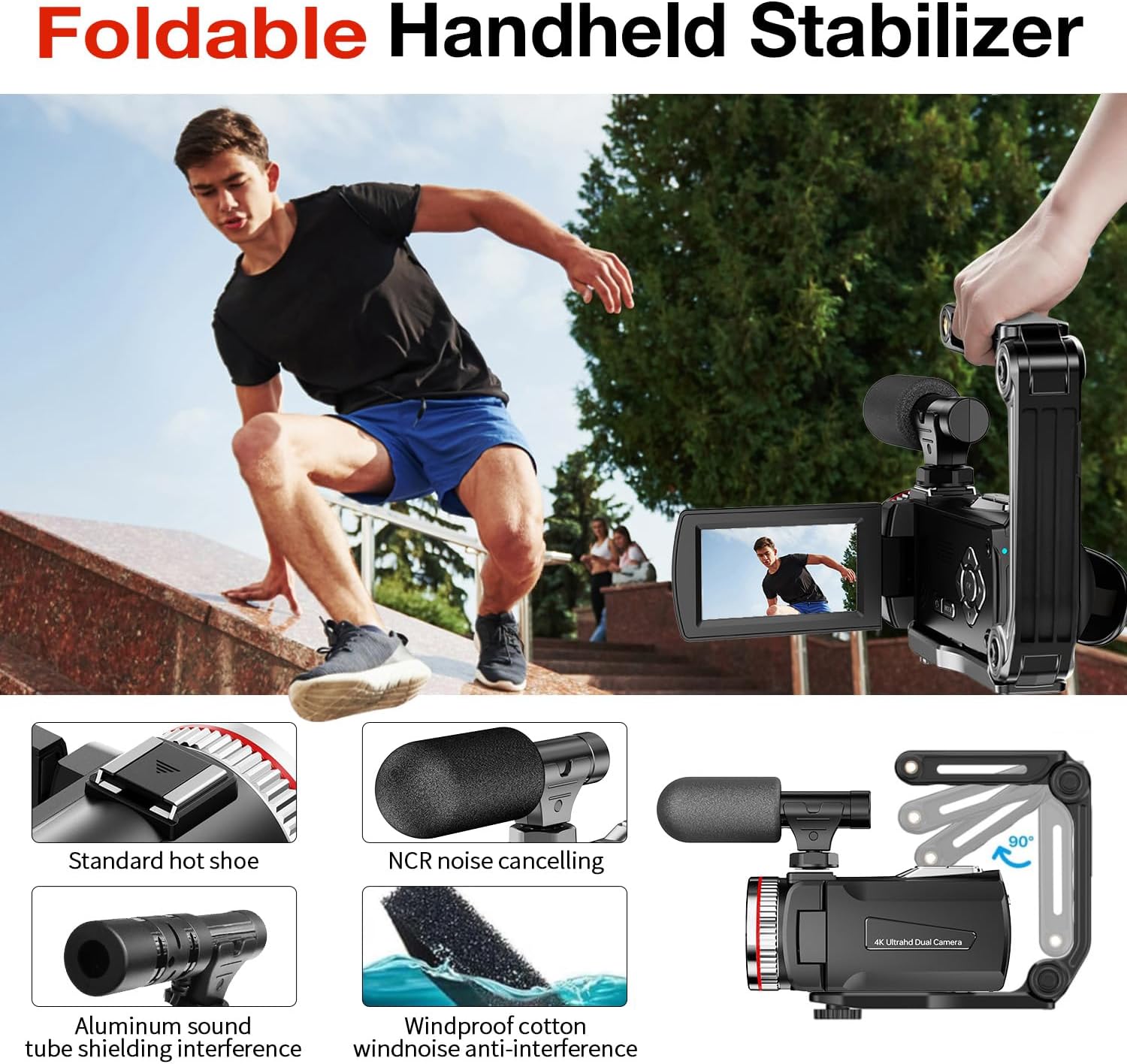 4K Video Camera Camcorder, 64MP UHD Vlogging Dual Camera for YouTube, 21X Digital Zoom IPS Screen Vlog Camera with External Microphone, Stabilizer, Remote, 2 Batteries, Remote, Memory Card - Image 4