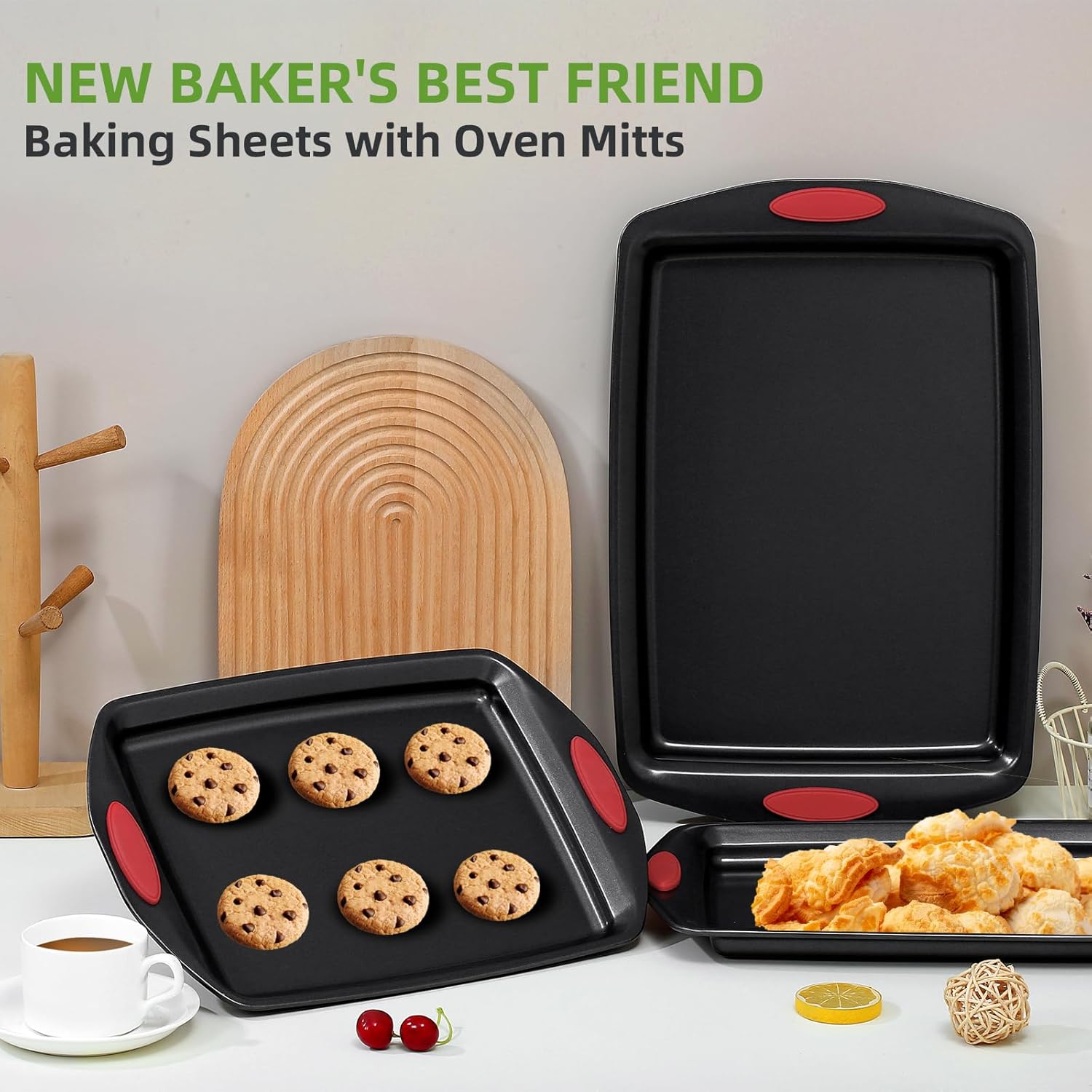 5-Piece Nonstick Baking Pans Set - Premium Carbon Steel Bakeware with PFOA/PFOS/PTFE-Free Coating, Red Silicone Handles (Black Red) - Image 7