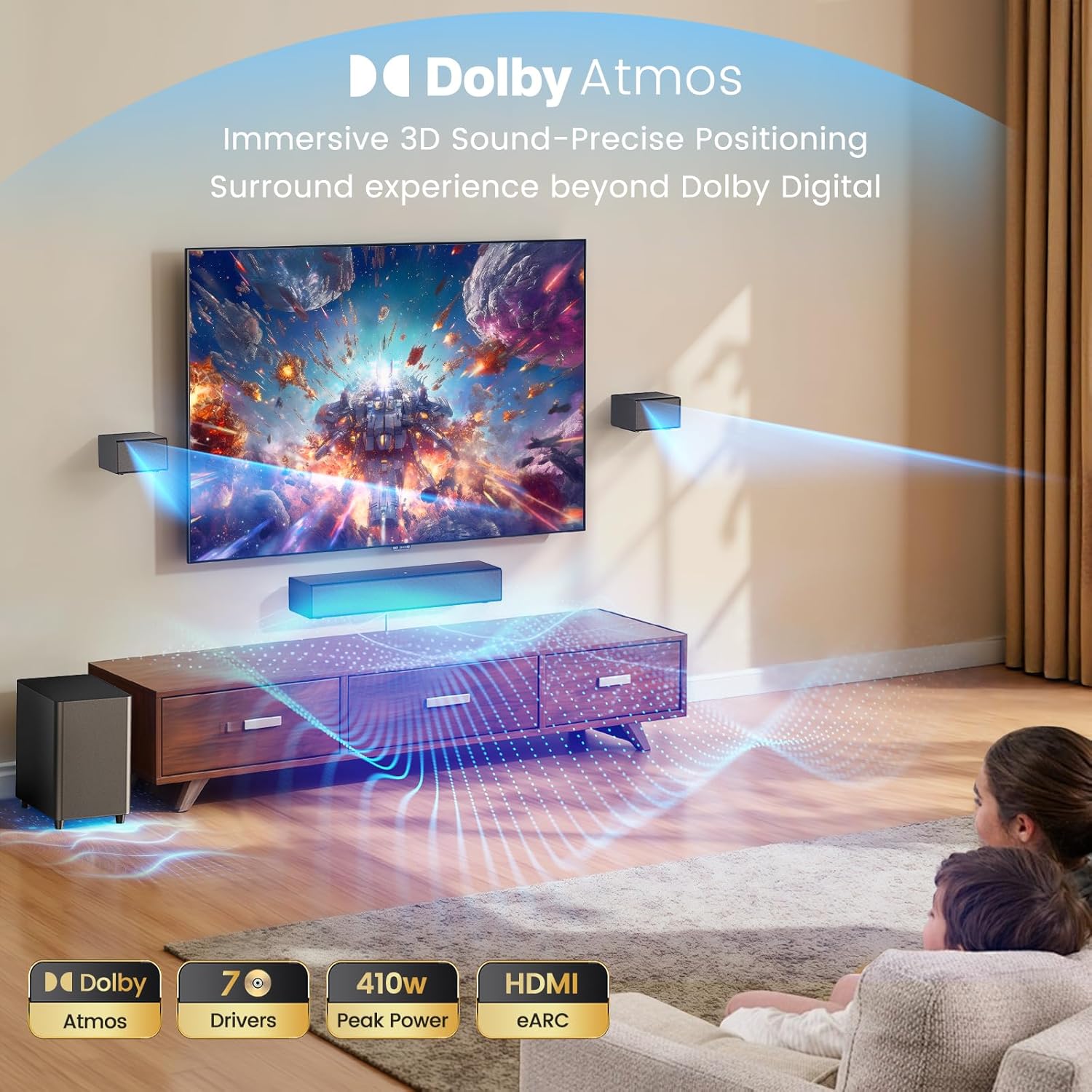 Miroir 5.1 Sound Bar for Smart TV, with Dolby Atmos & Wireless Subwoofer, 410W Bluetooth Surround Sound System, Immersive 3D Sound Home Theater System for HDMI eARC - Image 2