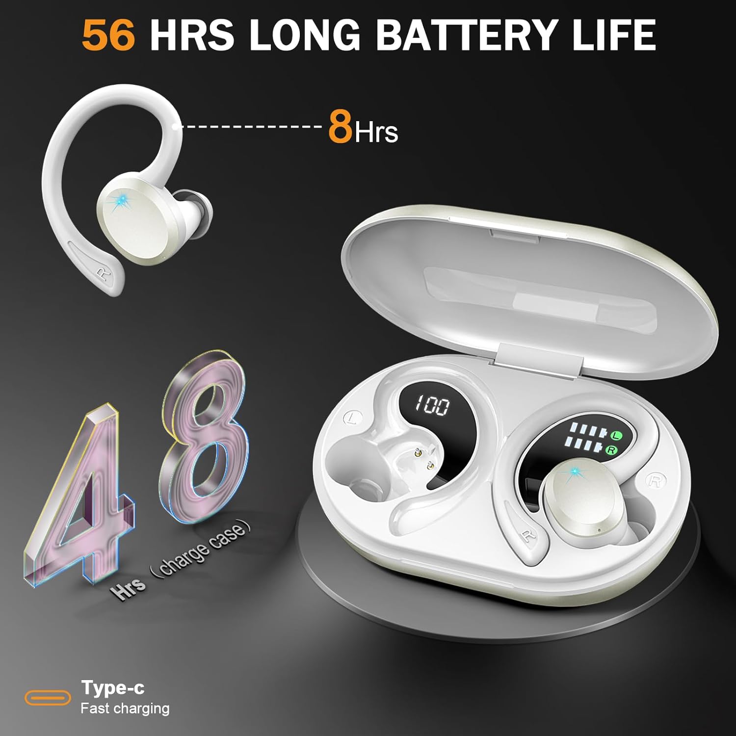 Bluetooth 5.4 Headphones Sport, 2025 Wireless Earbuds Bass Hi-Fi Stereo Over Ear Buds, 56Hrs Noise Cancelling Headset with Earhook, IP7 Waterproof Earphones Workout Running for Laptop Pad Android iOS - Image 4