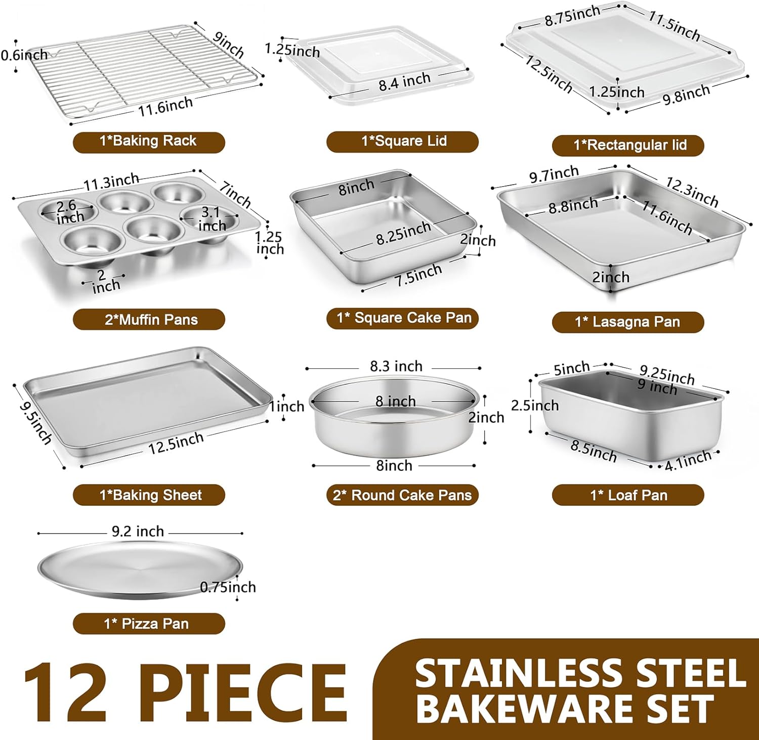 P&P CHEF Stainless Steel Bakeware Set, 12-Piece Kitchen Baking Pans Set, Baking Sheet with Rack, Square Cake Pan with Lid, Lasagna Pan, Loaf Pan, Muffin Pan, Pizza Tray & 2 Covers, Easily Clean - Image 2