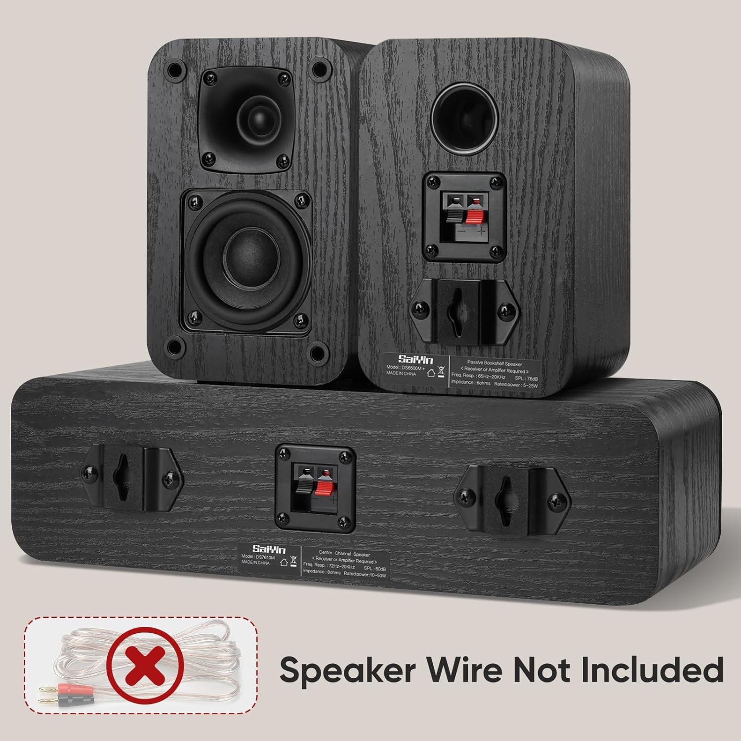 Saiyin 5.0 Channel Surround Sound Systems for Home Theater | 160 Watts Peak Power | Passive Speakers with Black Classic Retro Wood Grain | Amplifier or Receiver Required | Cable Not Included - Image 2