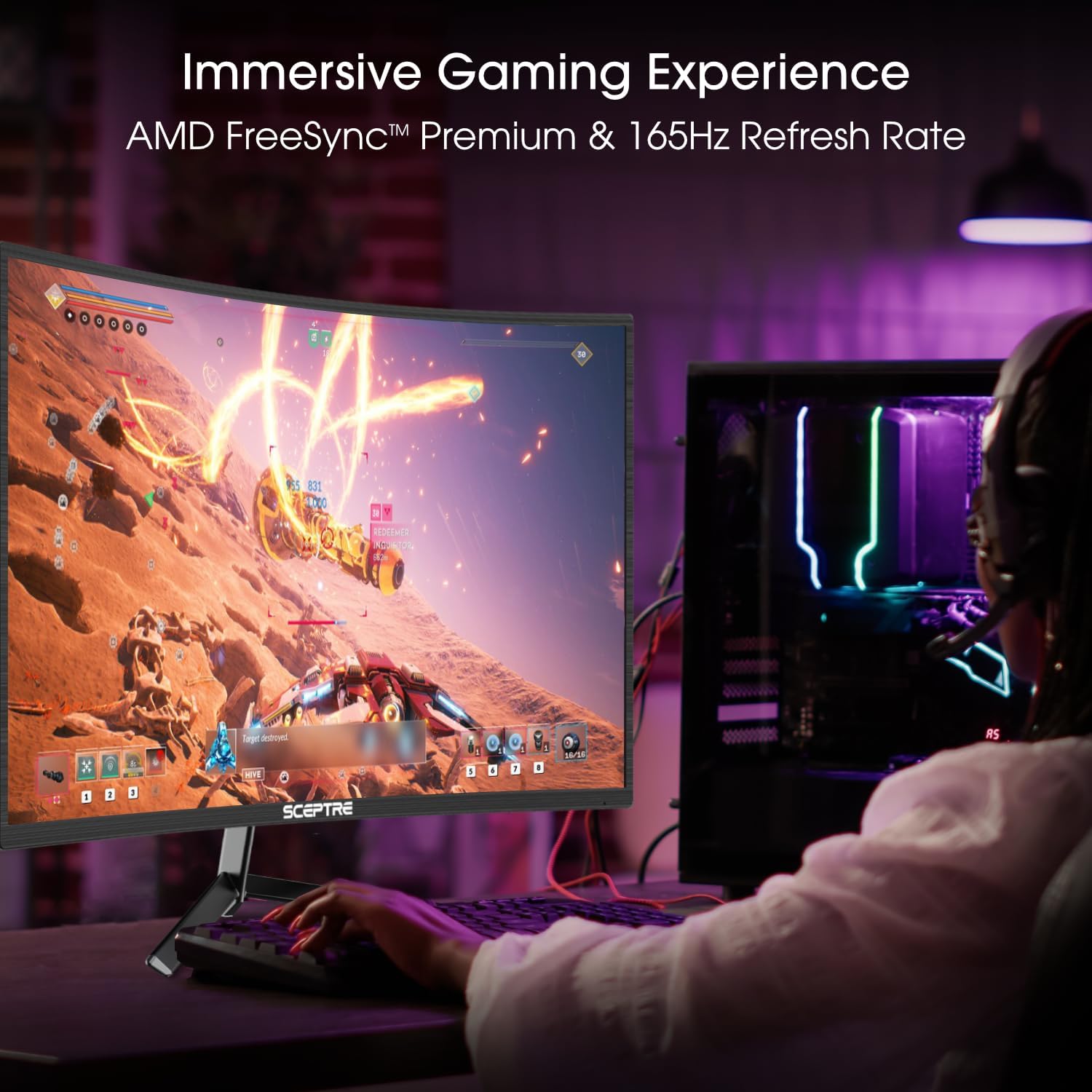 Sceptre 24-inch Curved Gaming Monitor 1080p up to 165Hz DisplayPort HDMI 99% sRGB, AMD FreeSync Build-in Speakers Machine Black (C248B-FWT168) - Image 5