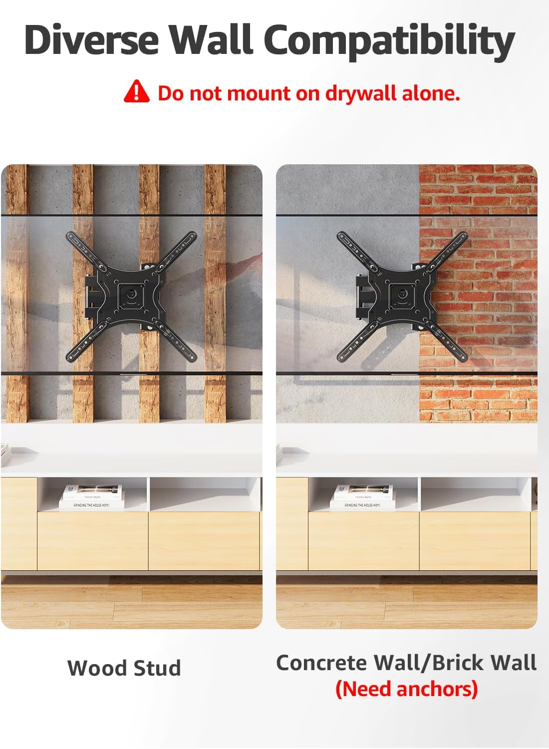 ELIVED Full Motion TV Wall Mount for Most 26-60 Inch TVs, Articulating Arms Swivel and Tilt tv Mount, Wall Mount Brackets Max VESA 400x400, Single Stud Perfect Center Design, Holds Up to 77 lbs. - Image 5