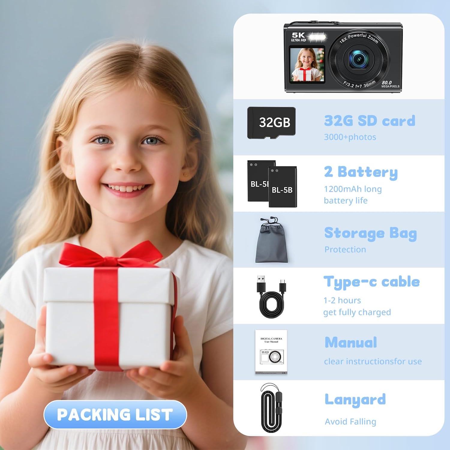 Dual Screen 5K Digital Camera for Vlogging with Fill Light - 80MP, 16X Zoom, WiFi, YouTube/Blogging, Includes 32GB Card & 2 Batteries (X9-Black) - Image 7