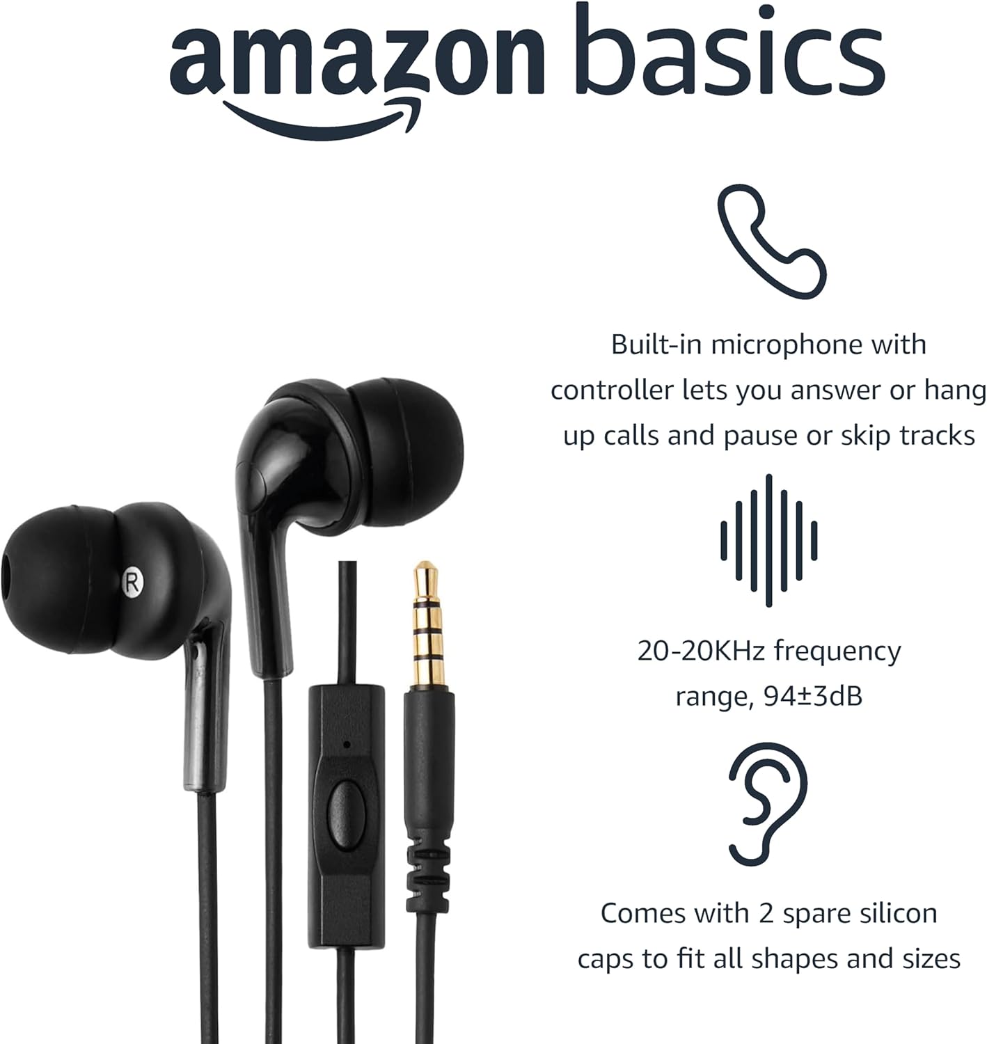 Amazon Basics Wired Earbuds with Microphone, In Ear Headphones, 3.5mm Jack, 4.2 ft long cable, S/M/L Ear Tips, Black - Image 2