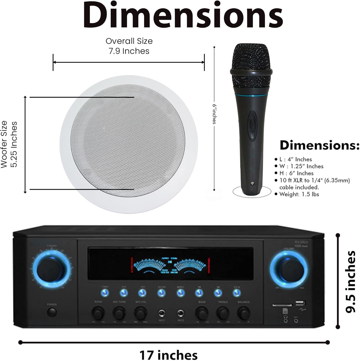 Technical Pro 1000 Watts Professional Home Theater Receiver System Kit w Portable Microphone with Digital Processing and Remote 6 Qty of 5.25” Ceiling Wall Mount Framed Speakers - Image 2