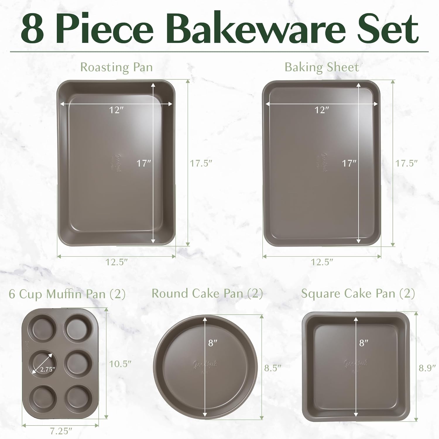 Goodful All-In-One Nonstick Bakeware Set, Stackable and Space Saving Design includes Round and Square Pans, Muffin Pans, Cookie Sheet and Roaster, Dishwasher Safe, 8-Piece, Linen - Image 6