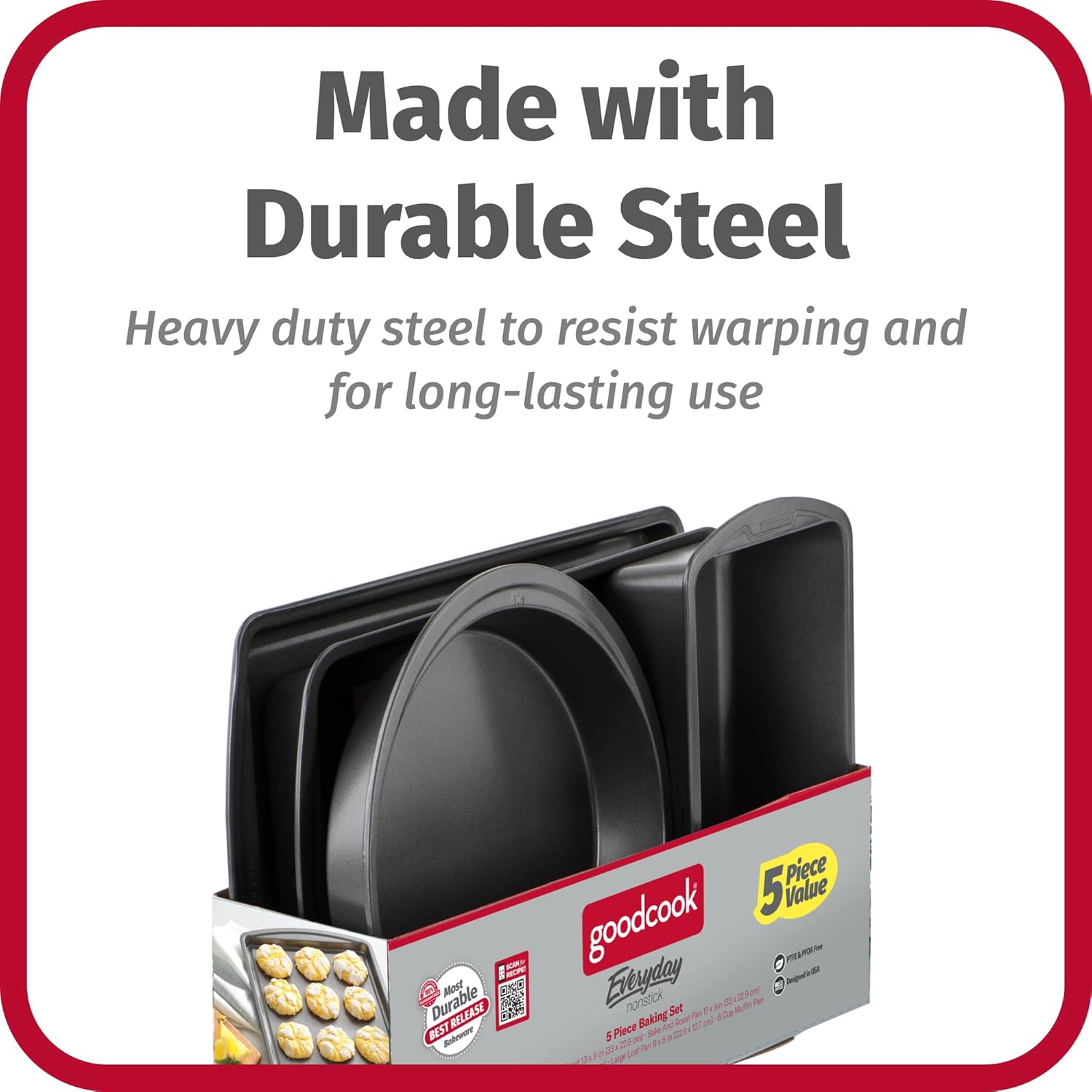 GoodCook Everyday Nonstick Steel 5-Piece Bakeware Set, Gray, Includes Cookie Sheet, Cake Pan, Loaf Pan, Muffin Pan, and Roast Pan, Durable and Scratch-Resistant Baking Set - Image 4
