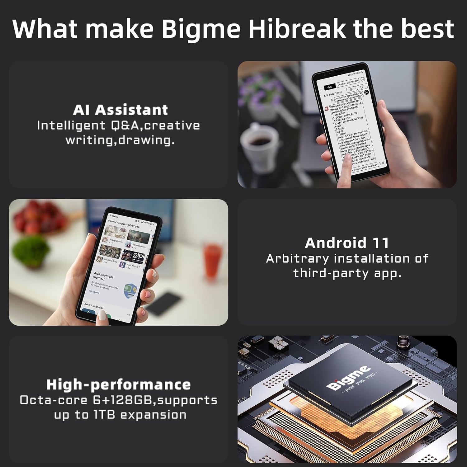 Bigme Color E-Ink Screen Mobile HiBreak, 6G+128GB Android 11 Smartphone, 36-Level Front Light, USB-C, 3300mAh Battery, 5+13MP Camera - Black - Image 4