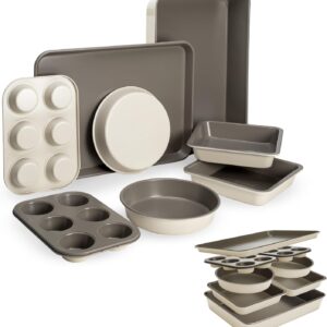 Goodful All-In-One Nonstick Bakeware Set, Stackable and Space Saving Design includes Round and Square Pans, Muffin Pans, Cookie Sheet and Roaster, Dishwasher Safe, 8-Piece, Linen