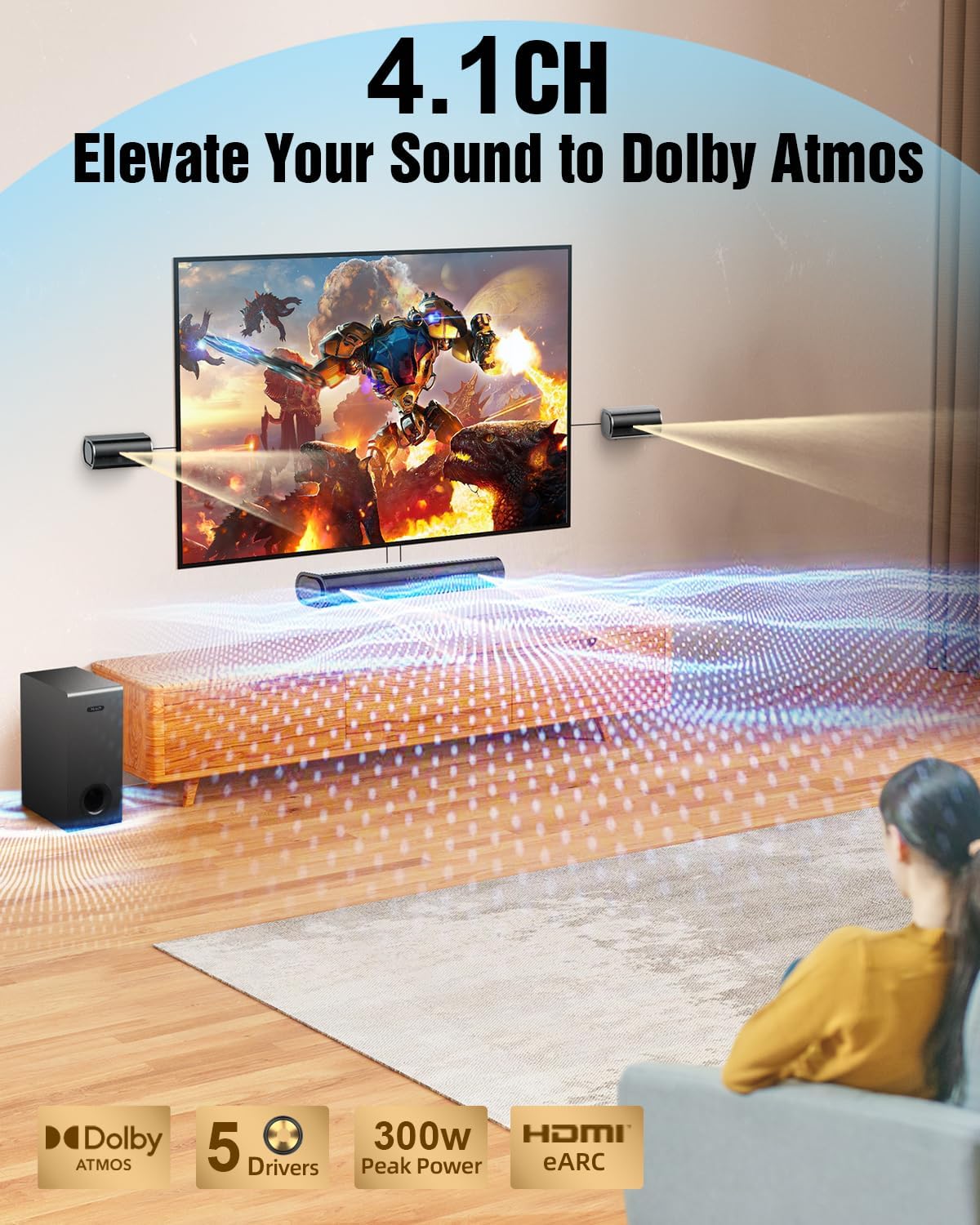 Hiwill 4.1ch Sound Bar with Dolby Atmos, 300W Sound Bar for Smart TV with Subwoofer, 2 Front Surround Speakers, Soundbar for TV Speaker, Adjustable Bass, Surround Sound System for TV, HiElite A41 - Image 2