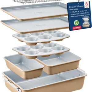 Bakken 8-Piece Stackable Bakeware Set – Ceramic Non-Stick, Oven-Safe Baking Sheets & Pans, PTFE/PFOA/PFOS-Free, Ergonomic Handles, Includes Cooling Rack – Healthy, Non-Toxic Baking Essentials
