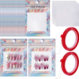 100 PCS Press on Nail Packaging Bag for False Nail Tips Holographic Press On Nail Storage Bag 100 PCS White Card with 2 Roll Transparent Tape for Nail Display Fake Nail Storage Organizer Nail Supplies
