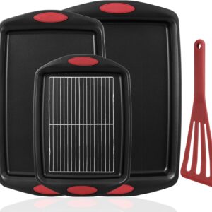 5-Piece Nonstick Baking Pans Set – Premium Carbon Steel Bakeware with PFOA/PFOS/PTFE-Free Coating, Red Silicone Handles (Black Red)