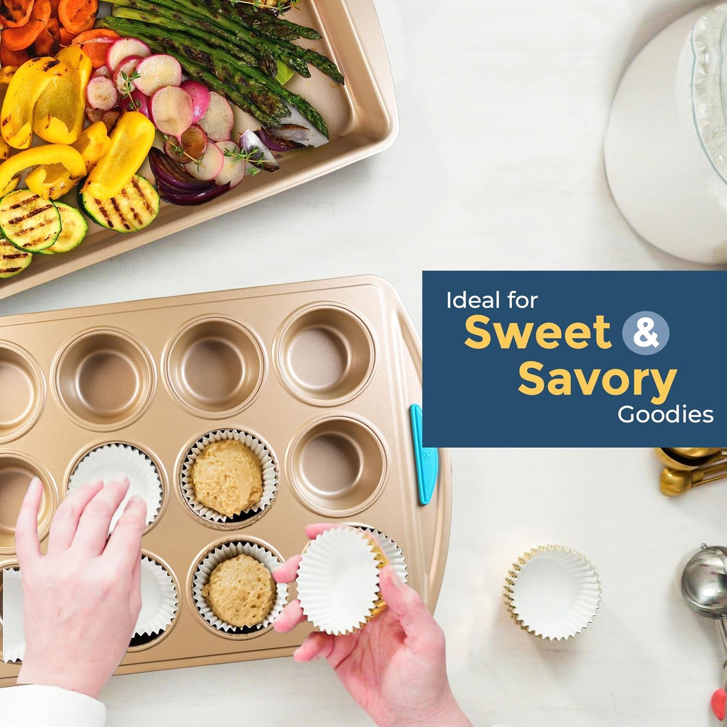 Perlli Baking Kit: Nonstick Gold Steel Oven Set - 10 Pieces, Cookie Sheets, Cake Pans, 9x13Pan with Lid, Loaf & Deep Pans, Pizza Crisper, Muffin Pan - Silicone Handles - Image 6