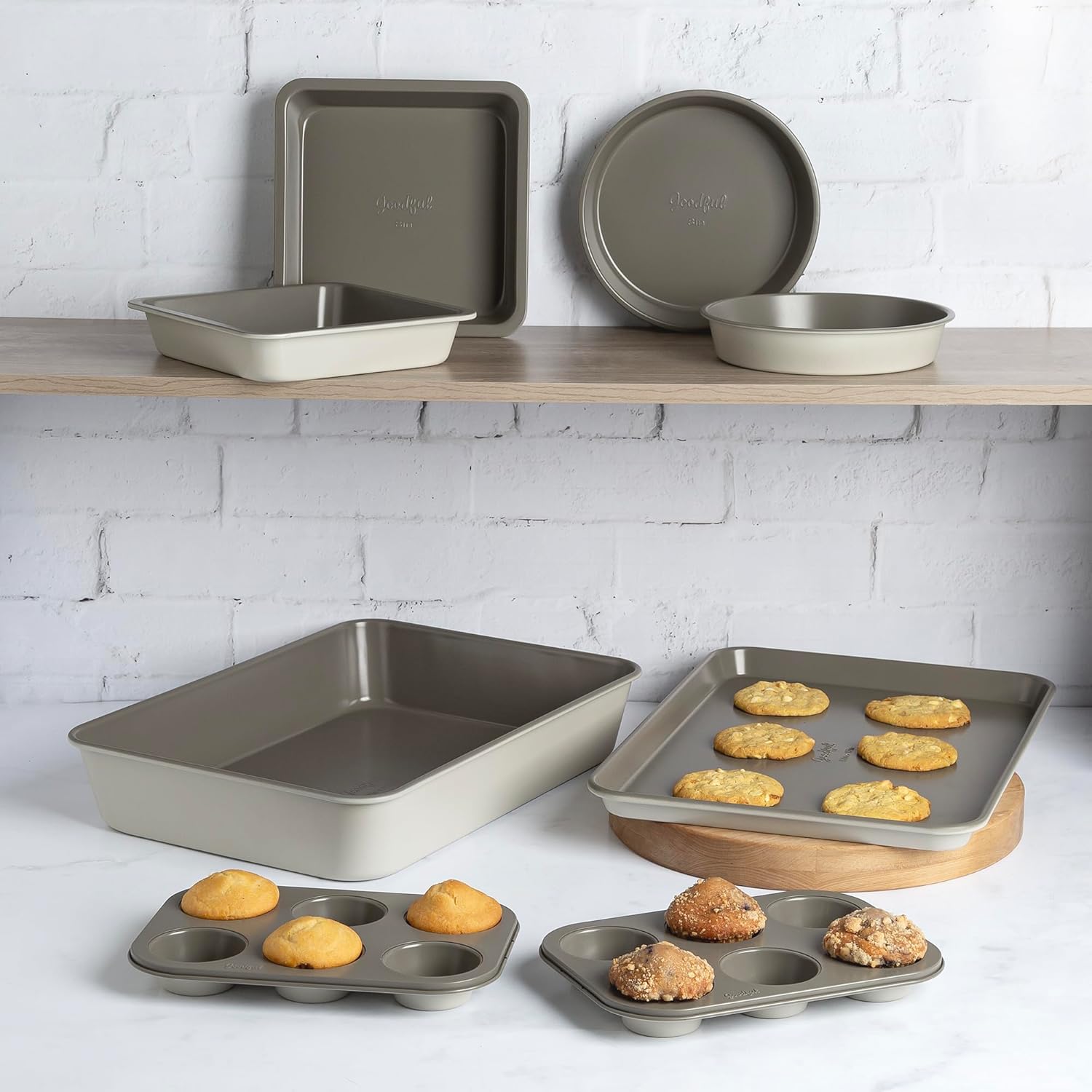 Goodful All-In-One Nonstick Bakeware Set, Stackable and Space Saving Design includes Round and Square Pans, Muffin Pans, Cookie Sheet and Roaster, Dishwasher Safe, 8-Piece, Linen - Image 7