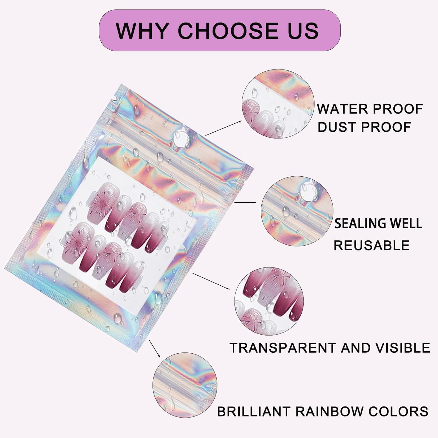 100 PCS Press on Nail Packaging Bag for False Nail Tips Holographic Press On Nail Storage Bag 100 PCS White Card with 2 Roll Transparent Tape for Nail Display Fake Nail Storage Organizer Nail Supplies - Image 3